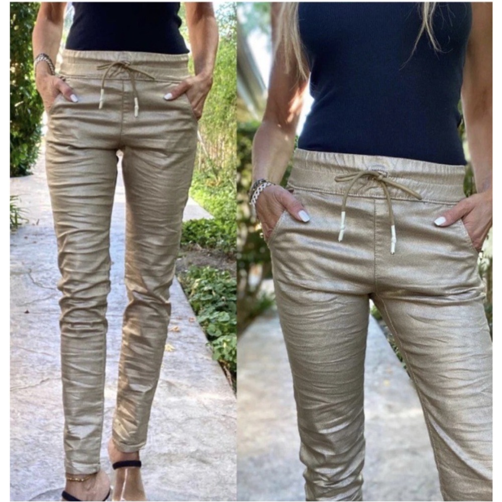 Bevy Flog Shely Drawstring Pull On Pants Gold Metallic Grid Pockets Size 26 EUC